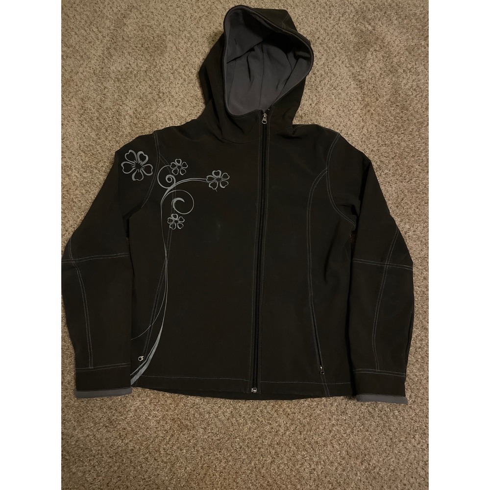 Kuhl Women's Softshell Jacket Size Large Black Floral Print Hooded Full Zip